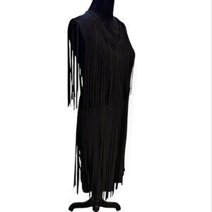 Frank Lyman Black Fringe Sleeveless Dress Flapper Midi Goth XS